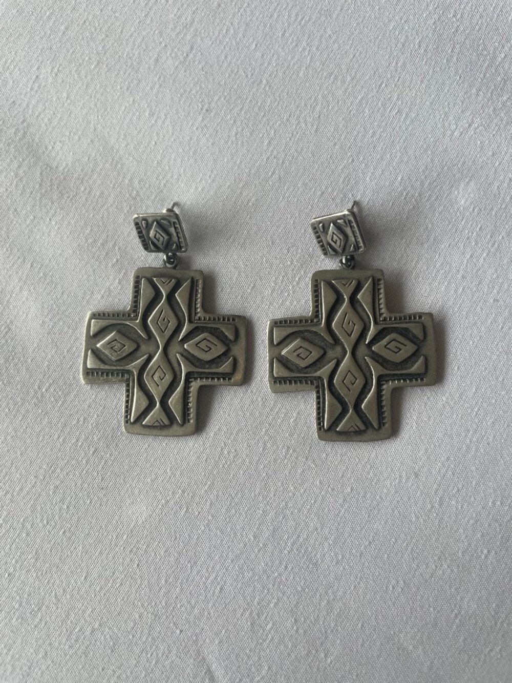 Vintage 1980s JJ Jonette Southwestern Cross Pewter Pierced Earrings Signed 1988